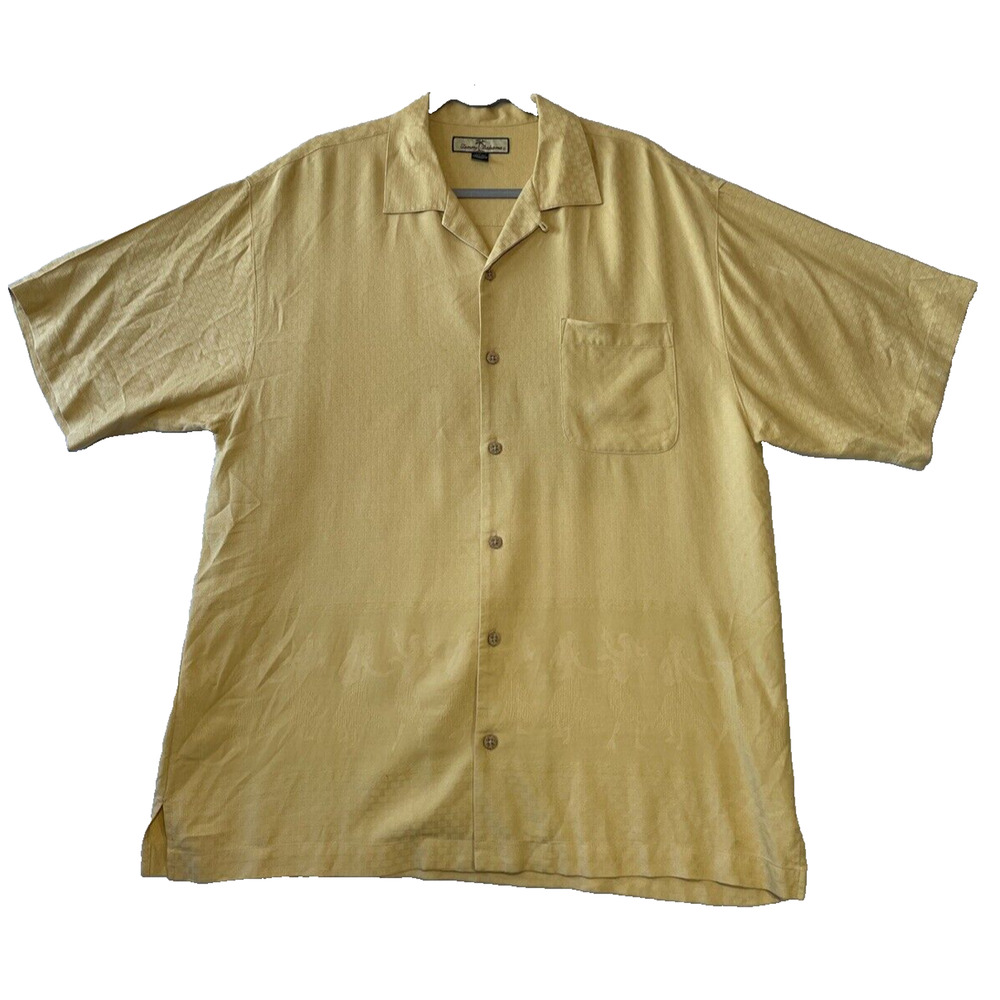 Tommy Bahama Hawaiian Button Up Short Sleeve Shirt Mens L Yellow Camp Hula Girls